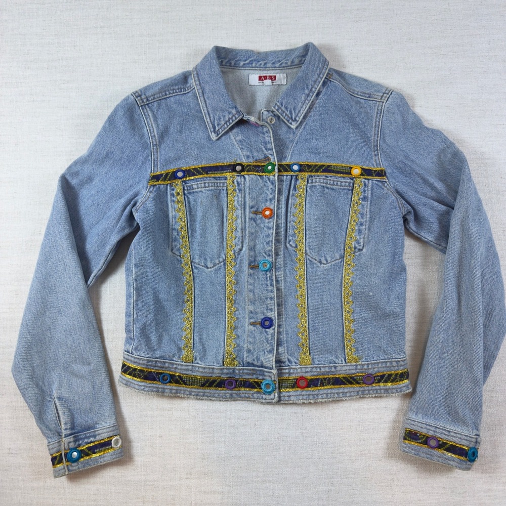 ABS by Allen Schwartz Blue Denim Jacket Gold Lace Mirror Trim M